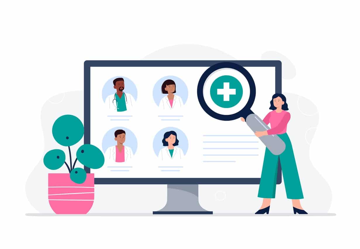 Illustrated woman holding up magnifying glass over “find a doctor” tool